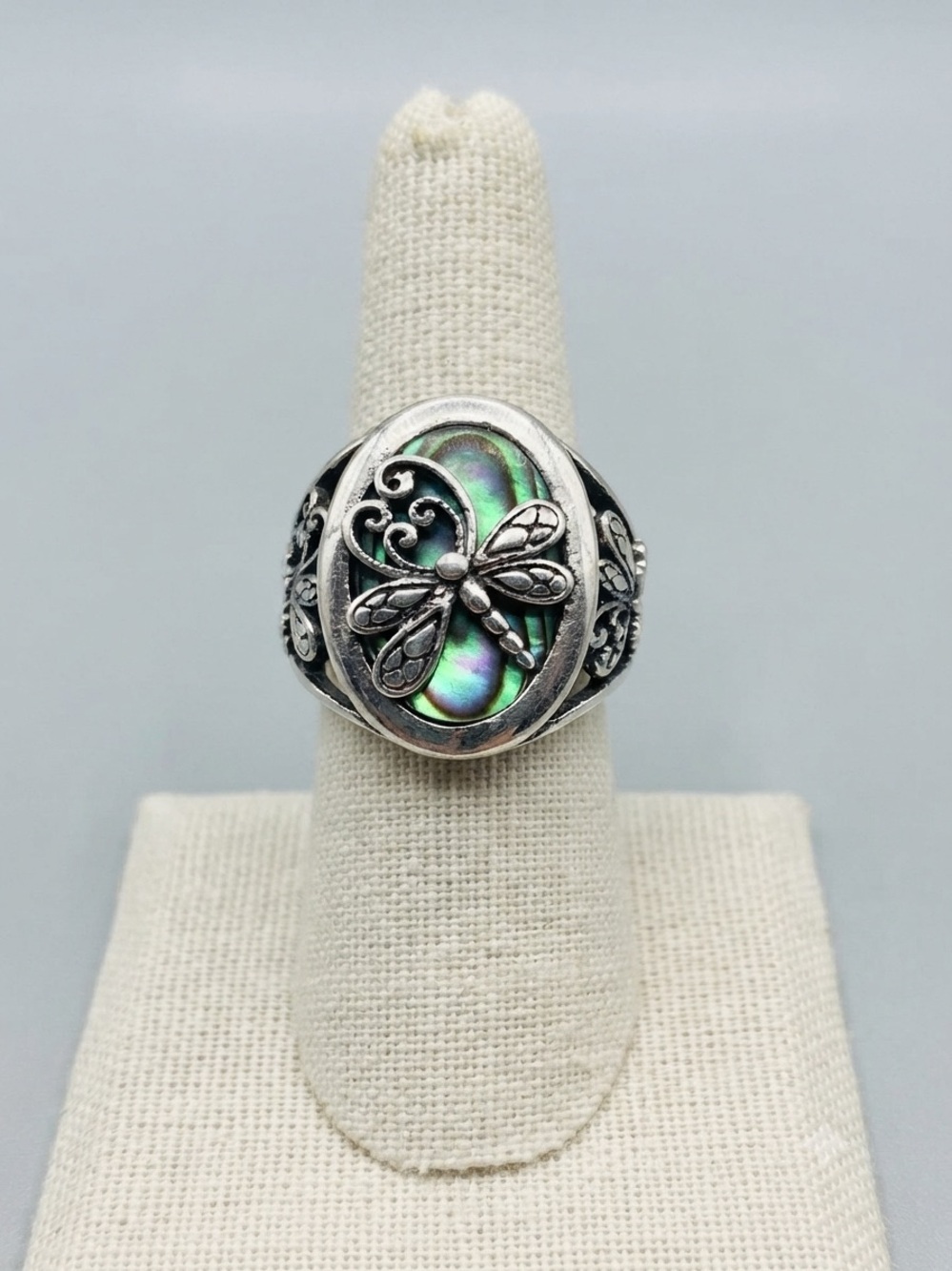 Sterling Dragonfly Abalone Statement Ring - Green Iridescent